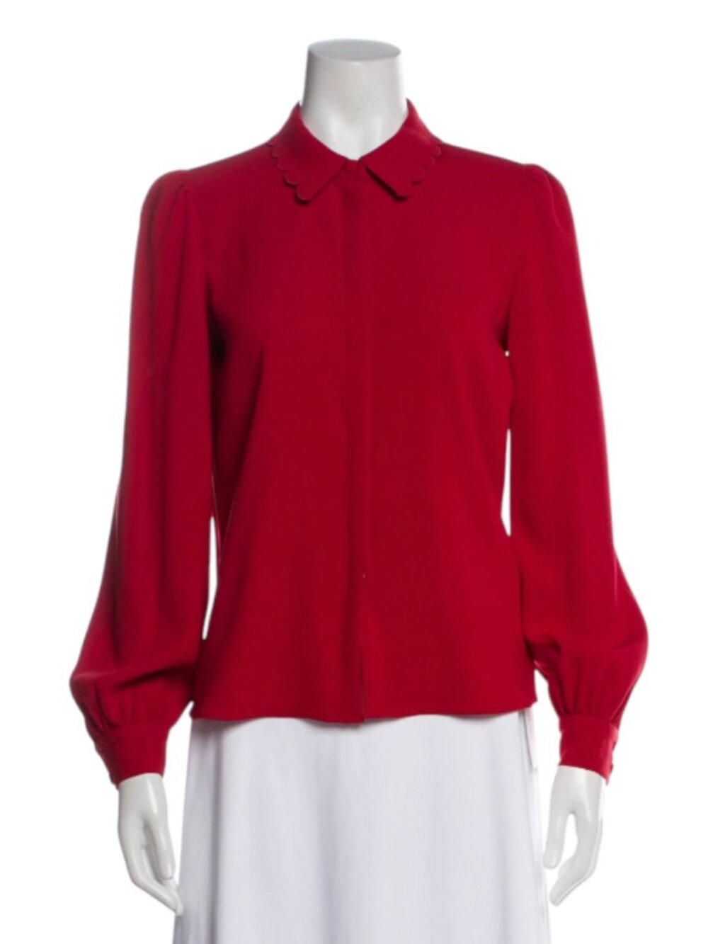 Co Button Down Shirt Top Blouse Womens Medium Red Scalloped Collar Long Sleeve